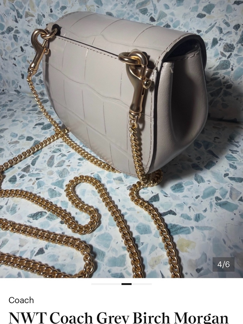 NWT Coach Grey Birch Morgan Croc-Embossed Card Case Crossbody with Gold Chain